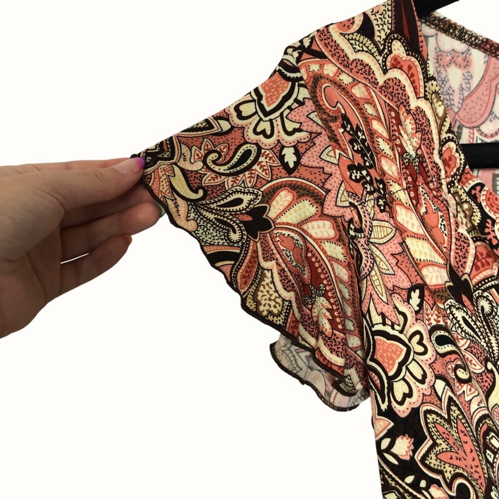 Vol.1 Paisley Print Midi Dress With Flutter Sleeves Handkerchief Hem V-Neck Lg - Picture 7 of 8